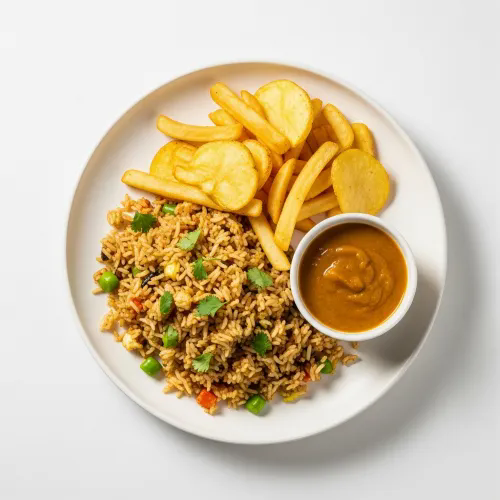 Fried Rice, Chips & Curry Sauce 